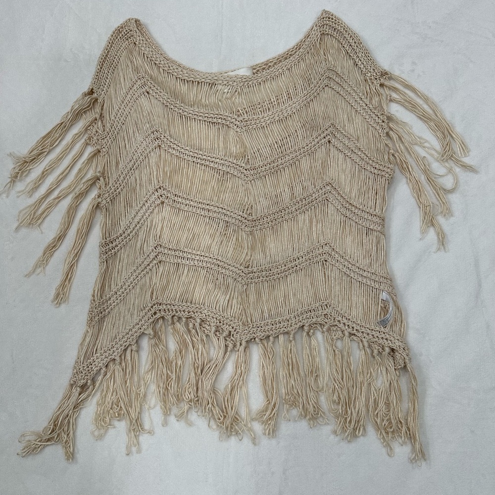 Anthropologie Ivory Crochet Fringe Poncho, Size One Size, EUC - Picture 3 of 10